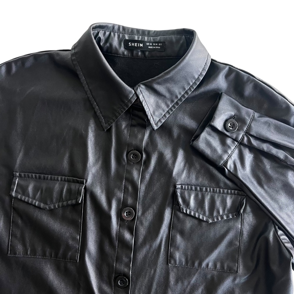 Shein Women's XS Black Faux Leather Button Down Long Sleeves Shirt Jacket Grunge